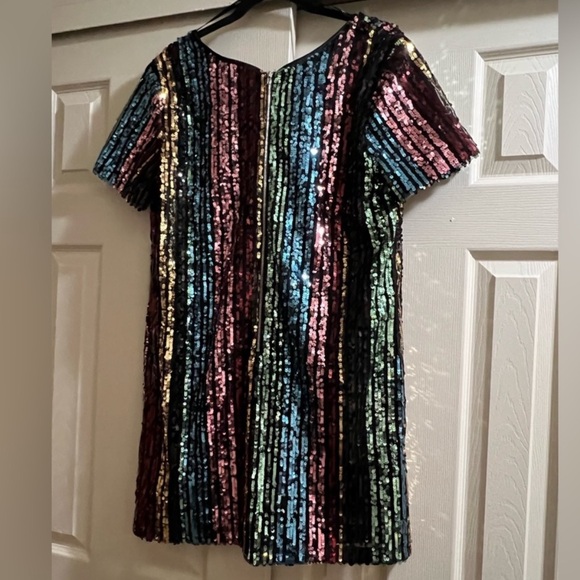 Black Firework Wonders Multi Color Striped Sequin Shift Dress, fully lined, NWT - Picture 9 of 10